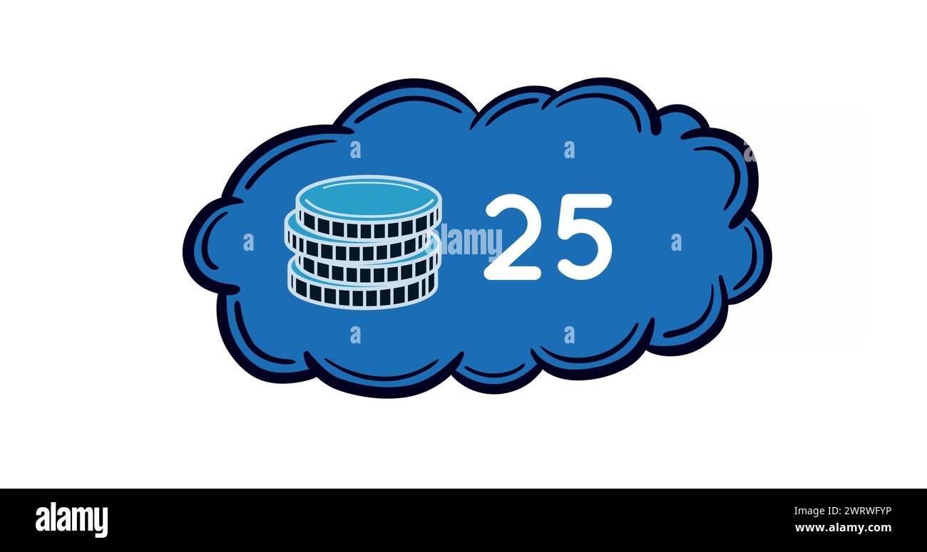 Digitales Bild mit steigenden Zahlen und Münzsymbol in einer blauen Wolke auf weißem Hintergrund 4k Stockfoto