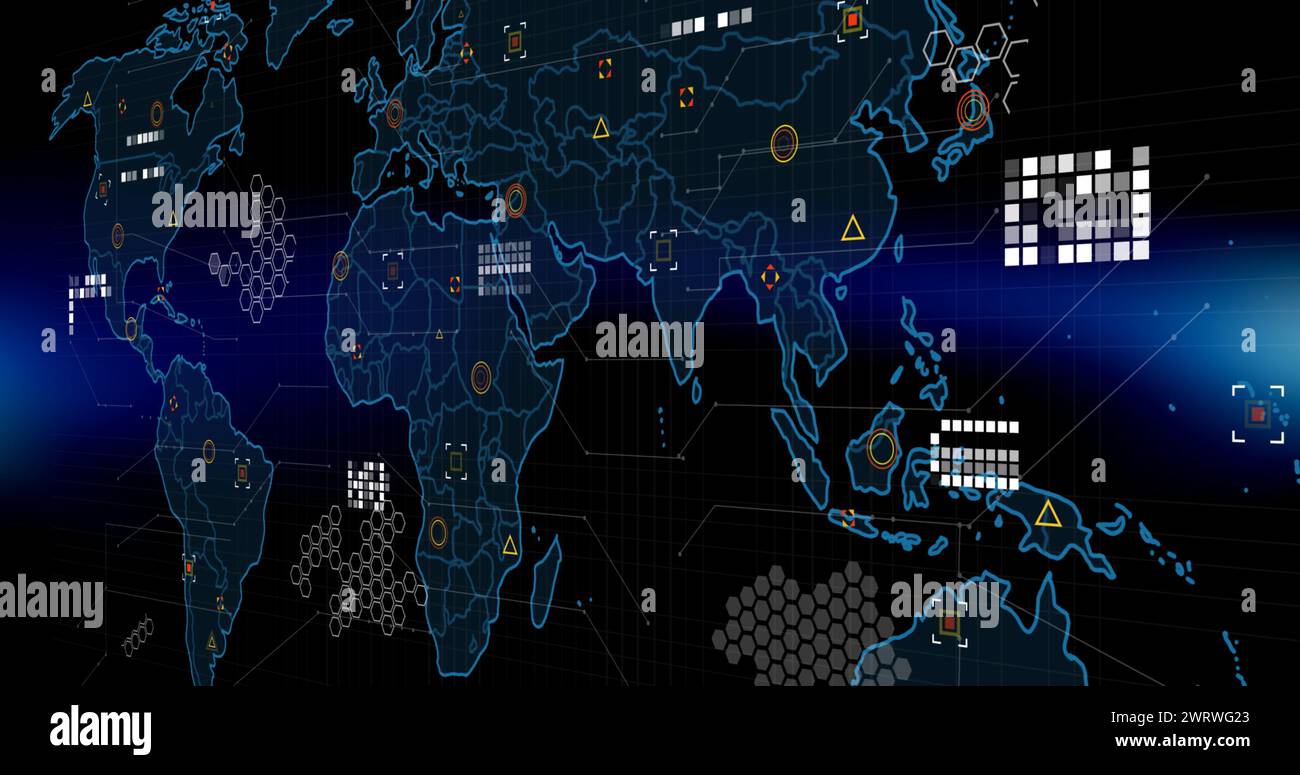 Bild von Markern und Datenverarbeitung über Weltkarte Stockfoto