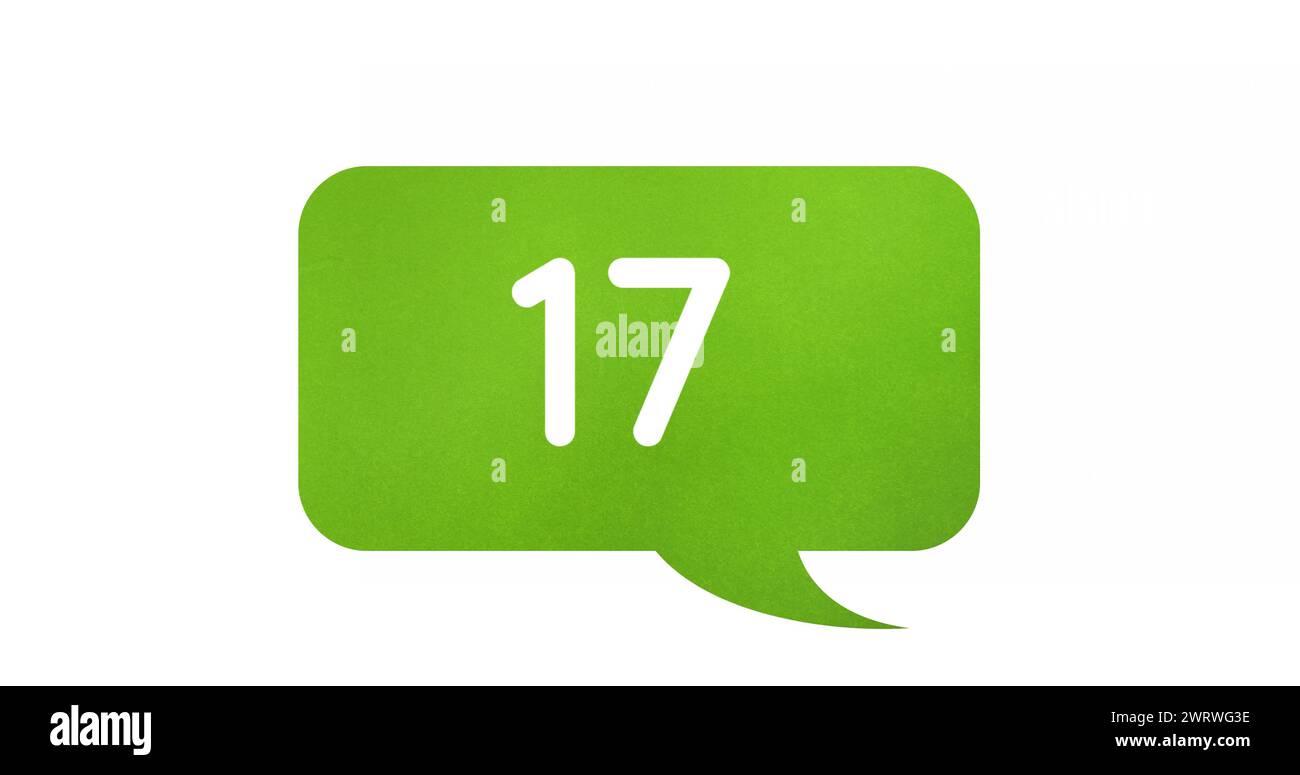 Digitales Bild von Zahlen, die in einem grünen Chat-Feld auf weißem Hintergrund zunehmen 4K Stockfoto
