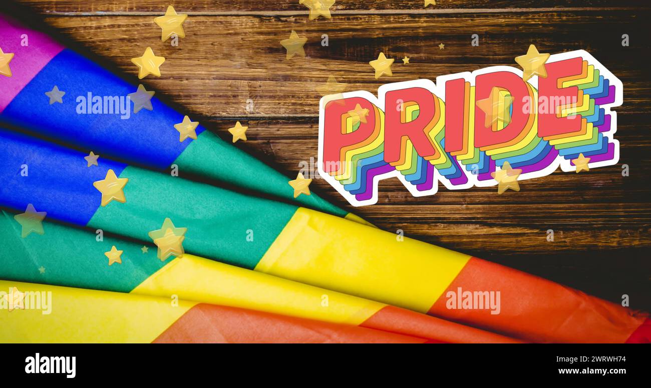 Bild von Sternen über Regenbogenflagge und Pride-Text Stockfoto