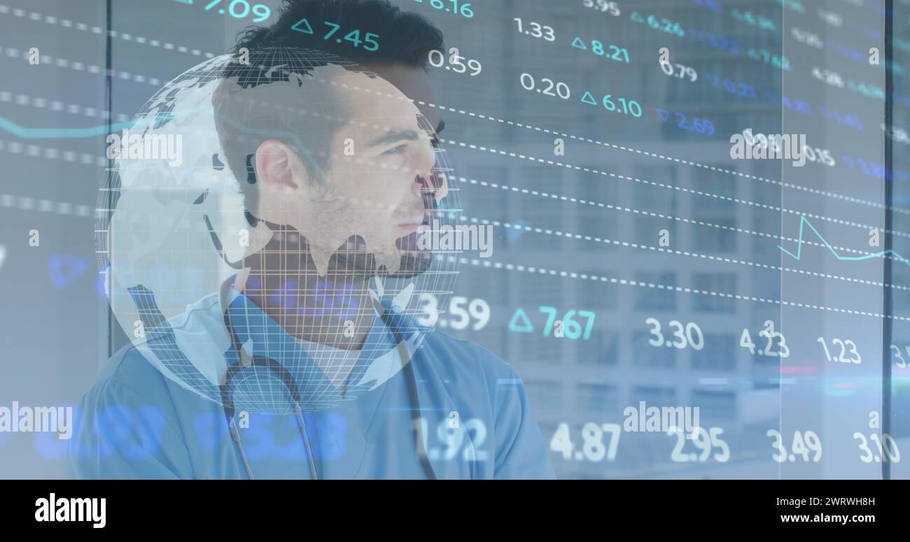 Bild der Finanzdatenverarbeitung über kaukasischen Ärztinnen Stockfoto