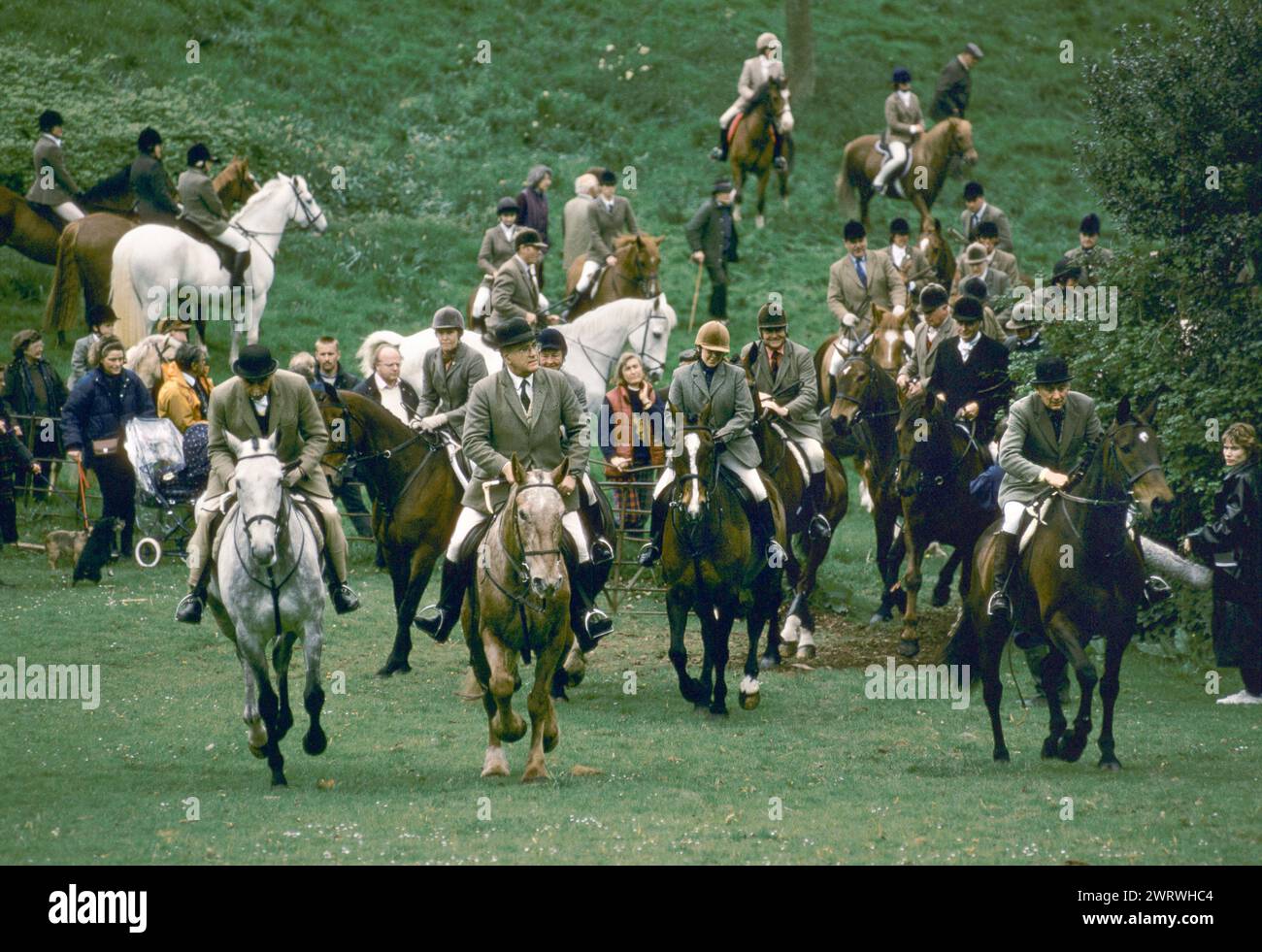 Jagdrasen treffen sich auf dem Gelände des Bagborough House. The Off, ist der letzte Jagdtag der Hirschjagd-Saison. Quantock Staghounds, in West Bagborough, Somerset, England, März 1997 1990, UK HOMER SYKES Stockfoto