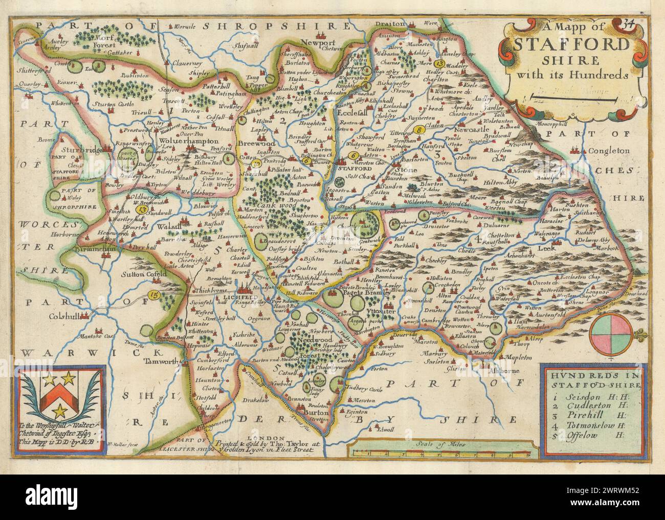 Ein Mapp von Staffordshire mit seinen Hunderten von Richard Blome. Landkarte 1715 Stockfoto