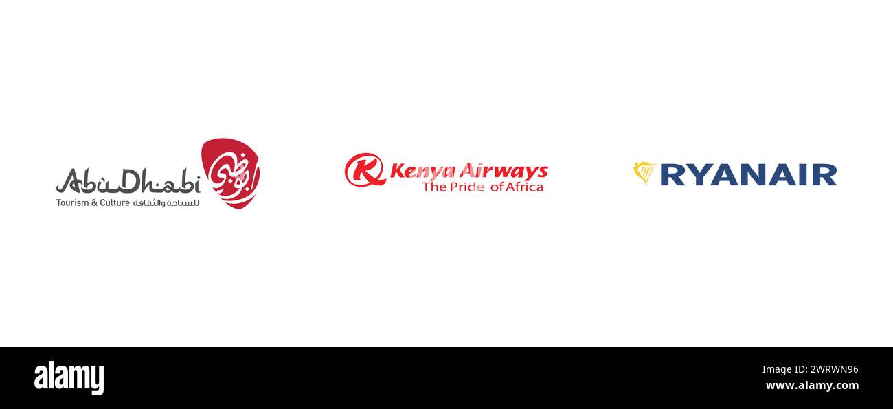 Abu Dhabi Tourism & Culture Authority, Kenya Airways, Ryanair. Vektor-Logo-Kollektion. Stock Vektor