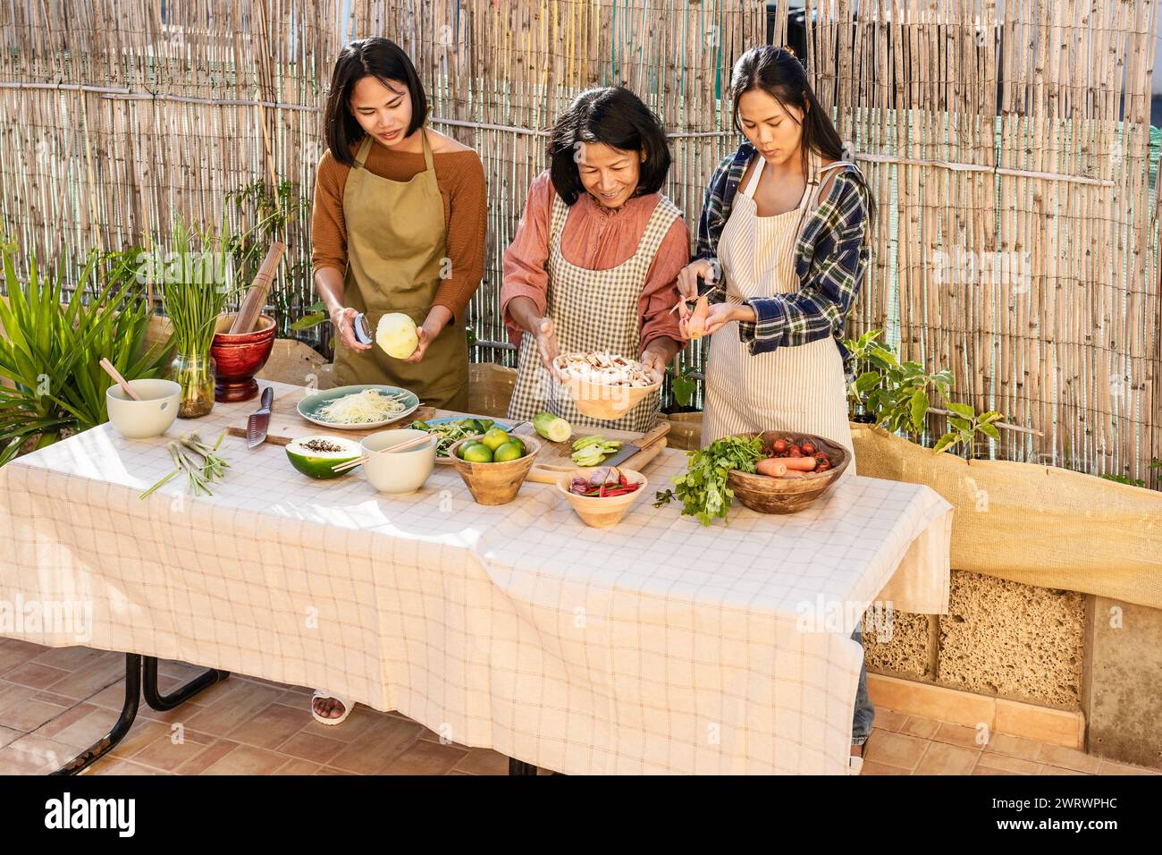 Südostasiatische Mutter und ihre Töchter haben Spaß daran, ein thailändisches Rezept im Hinterhof zu kochen Stockfoto