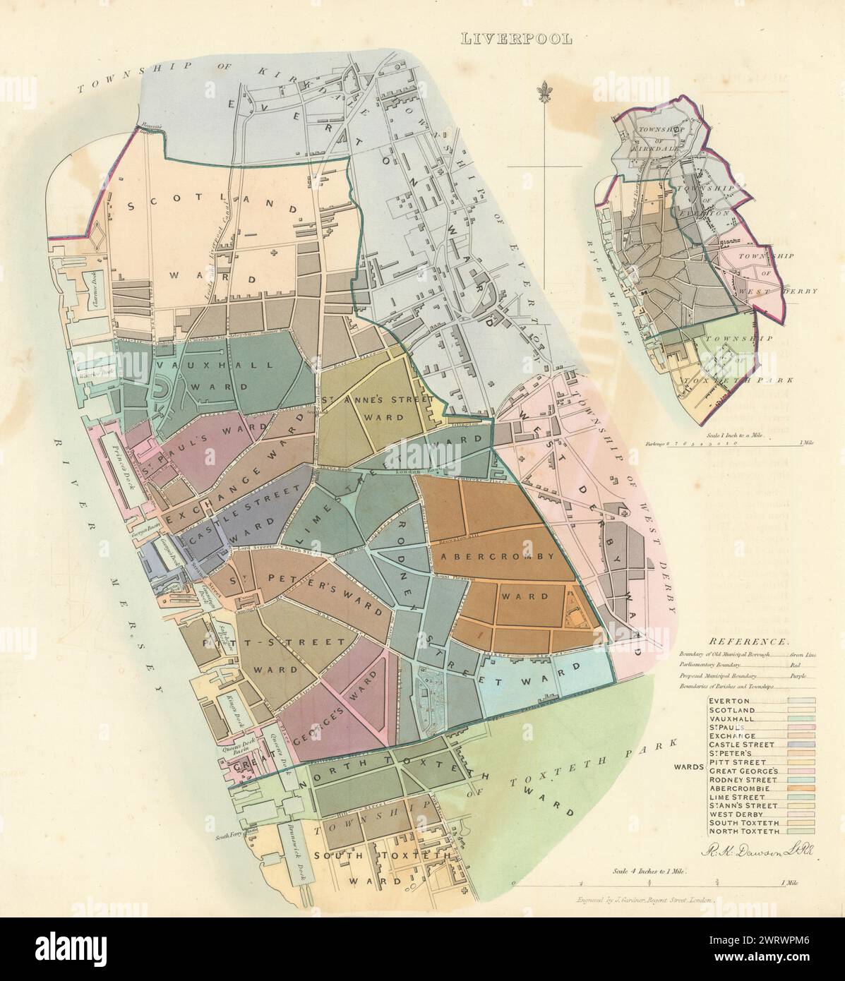 LIVERPOOL Gemeinde/Stadt/Stadt zu planen. Grenzkommission Liverpool DAWSON 1837 Karte Stockfoto