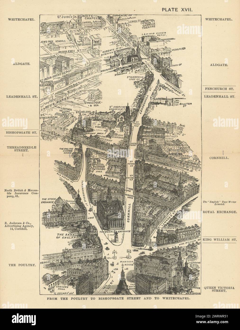 Karte aus der Vogelperspektive: Geflügel zu Bishopsgate & Whitechapel von Thomas Sulman 1891 Stockfoto