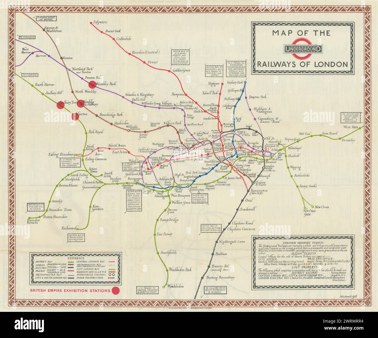 Karte der Underground Railways of London von Macdonald Gill. November 1923 Stockfoto