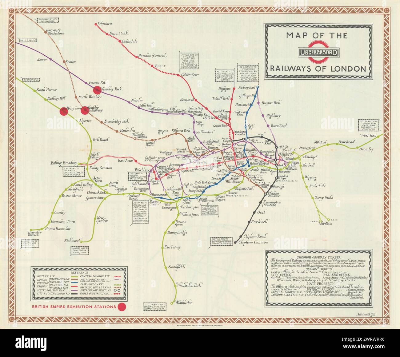 Karte der Underground Railways of London von Macdonald Gill. Januar 1923 Stockfoto