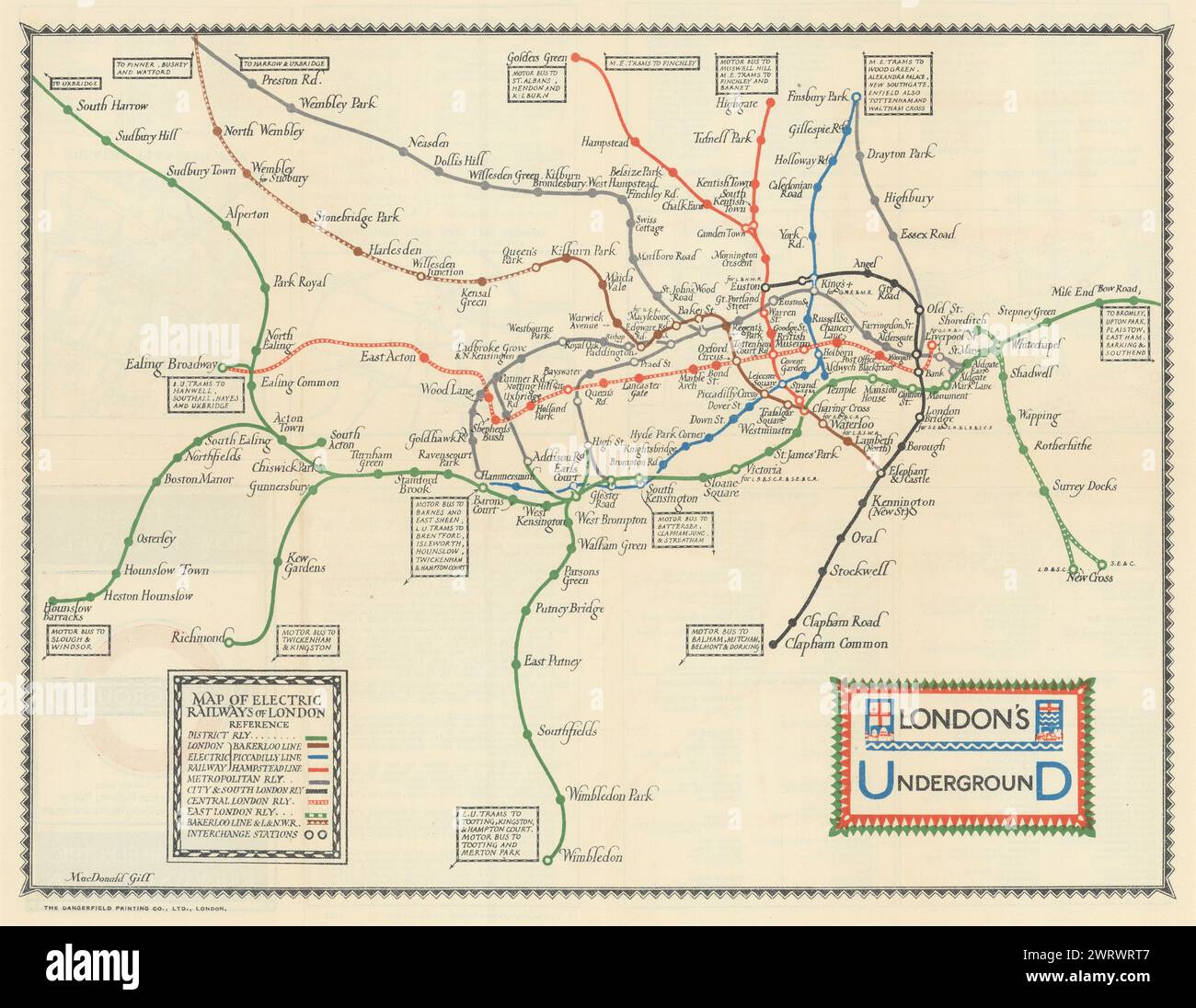 Londons U-Bahn. Sehenswürdigkeiten/Reiseanweisungen. Macdonald Gill. Karte März 1922 Stockfoto