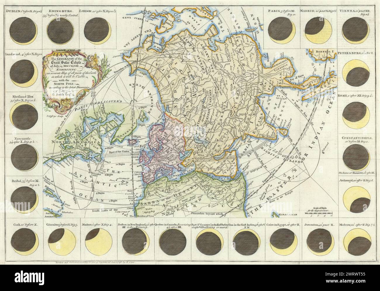 Die Geographie der großen Sonnenfinsternis vom 14. Juli 1748. SMITH G 1748-Karte Stockfoto