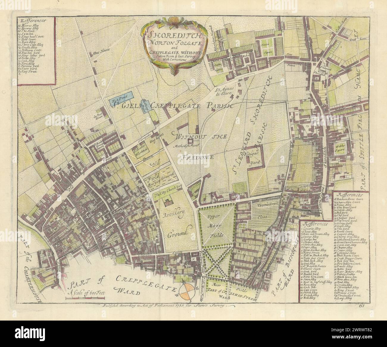 Shoreditch, Norton Folgate & Cripplegate Ohne. Hoxton. STAU/STRYPE 1755-Karte Stockfoto