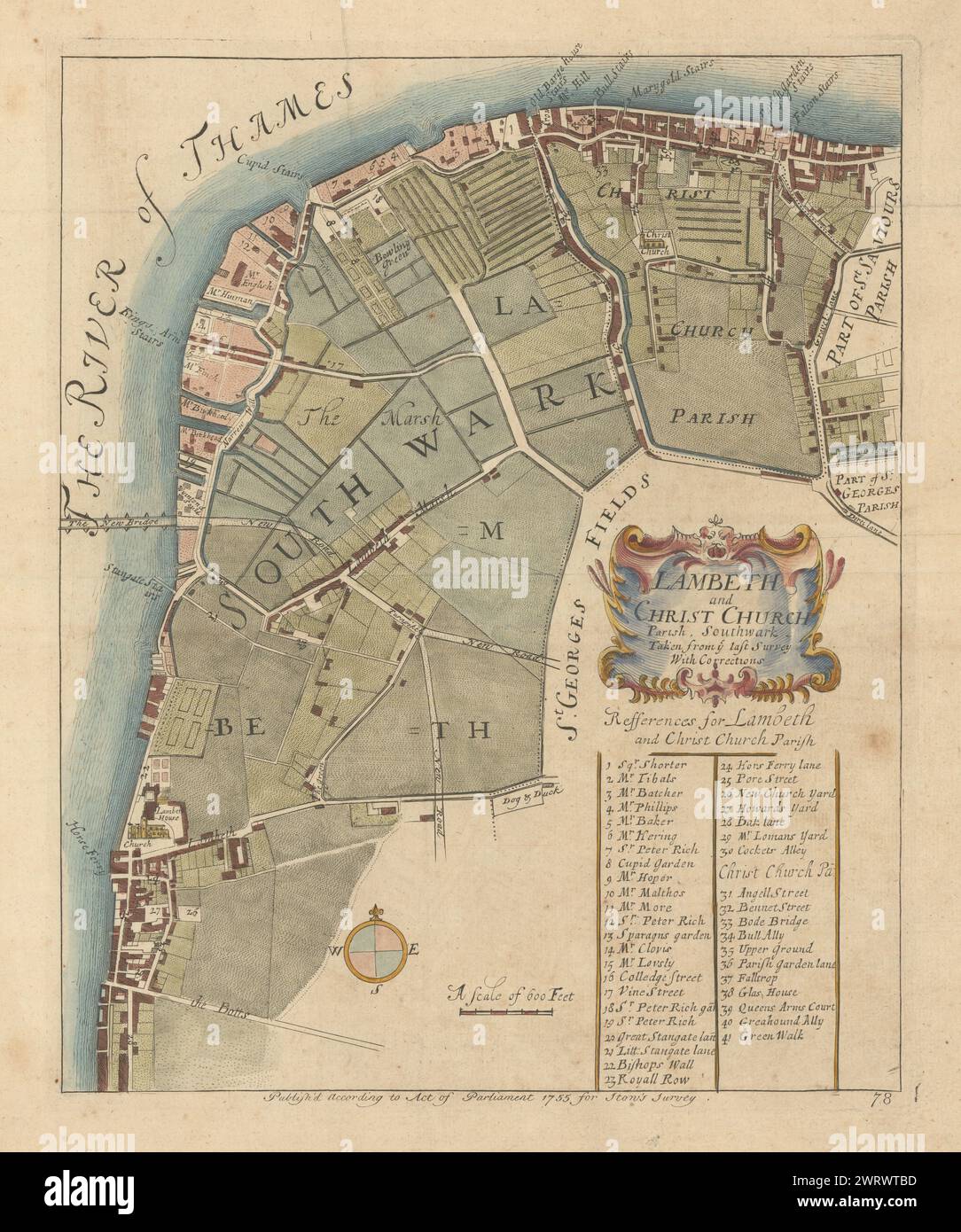 "Lambeth und Christ Church Parish, Southwark". Bankseite. STAU/STRYPE 1755-Karte Stockfoto