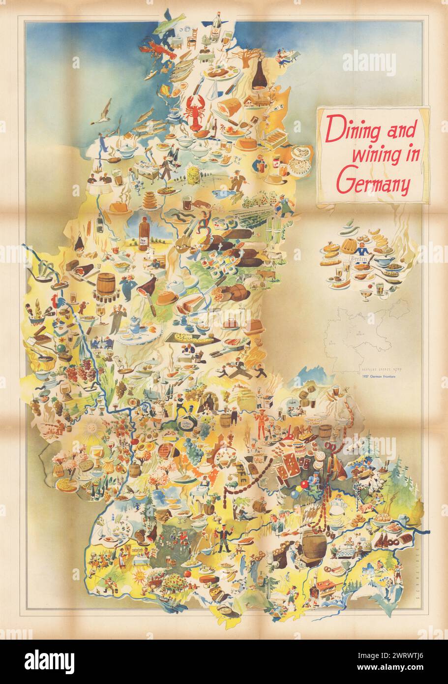 Essen & Trinken in Deutschland. Gastronomische touristische Bildplakat Karte 1953 Stockfoto