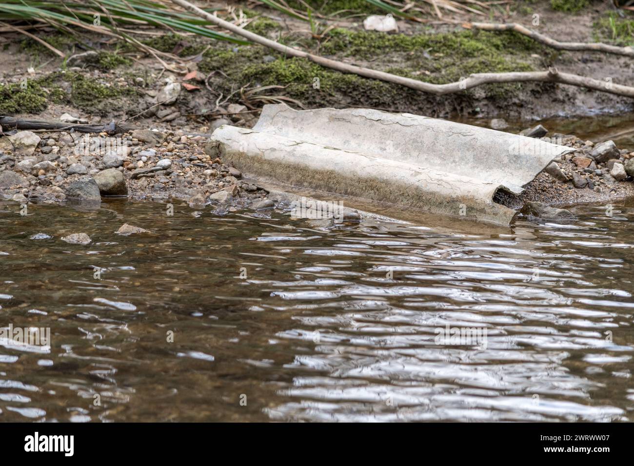 Eine Asbestplatte, die in einem Wald in der Nähe eines Flusses liegt. Gefährlicher Asbest, verlassene Eternit und krebserregend, Müll auf dem Land. Stockfoto