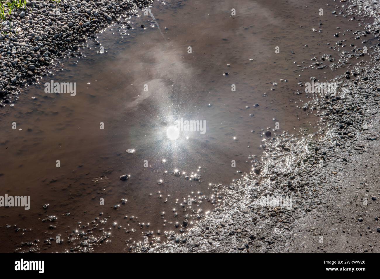 Pfütze mit Sonnenlicht auf schmutzigem Wasser Stockfoto