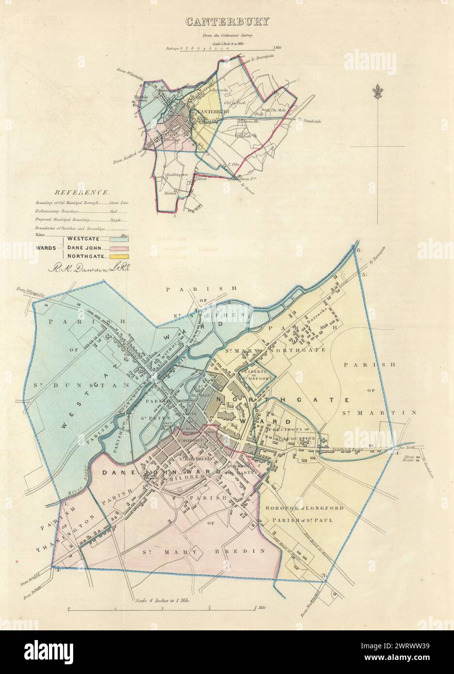 CANTERBURY Gemeinde/Stadt/Stadt zu planen. Grenzkommission. Kent. DAWSON 1837 Karte Stockfoto