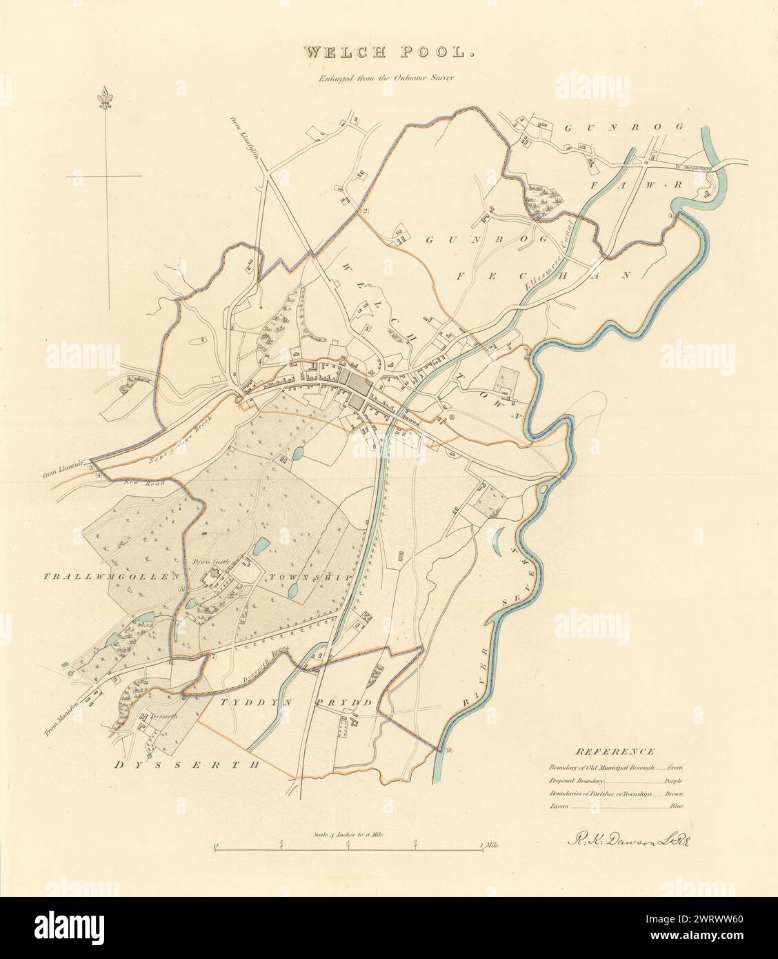 WELSHPOOL Gemeinde/Stadt planen. 'Welchpool'. Grenzkommission. DAWSON 1837 Karte Stockfoto