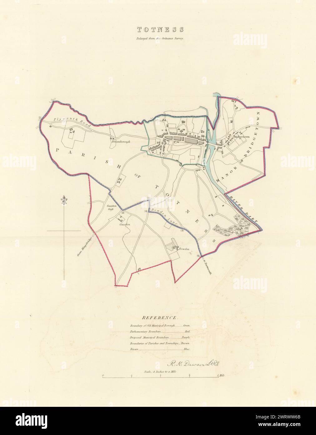 TOTNES Gemeinde/Stadt planen. "Totness'. Grenzkommission. Devon. DAWSON 1837 Karte Stockfoto