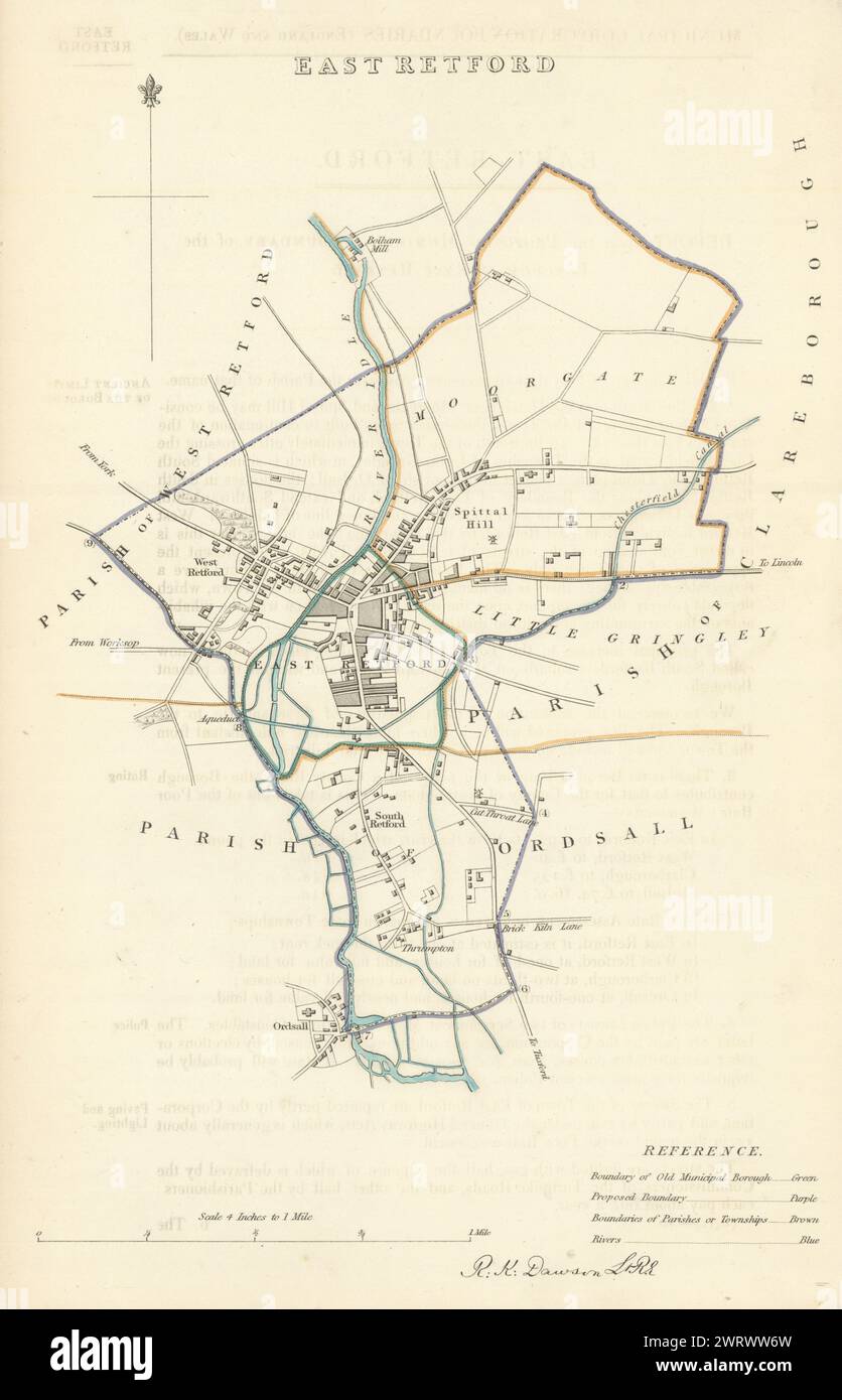 RETFORD Gemeinde/Stadt planen. Grenzkommission. Notts. DAWSON 1837 Karte Stockfoto
