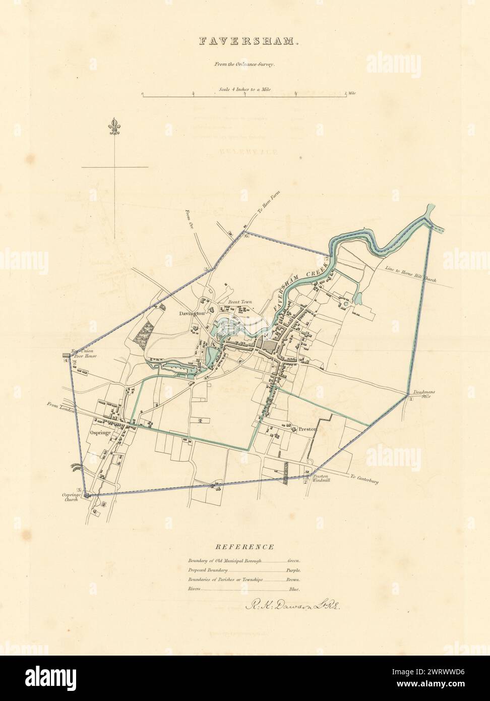 FAVERSHAM Gemeinde/Stadt planen. Grenze überprüfen. Kent. DAWSON 1837 alte Karte Stockfoto