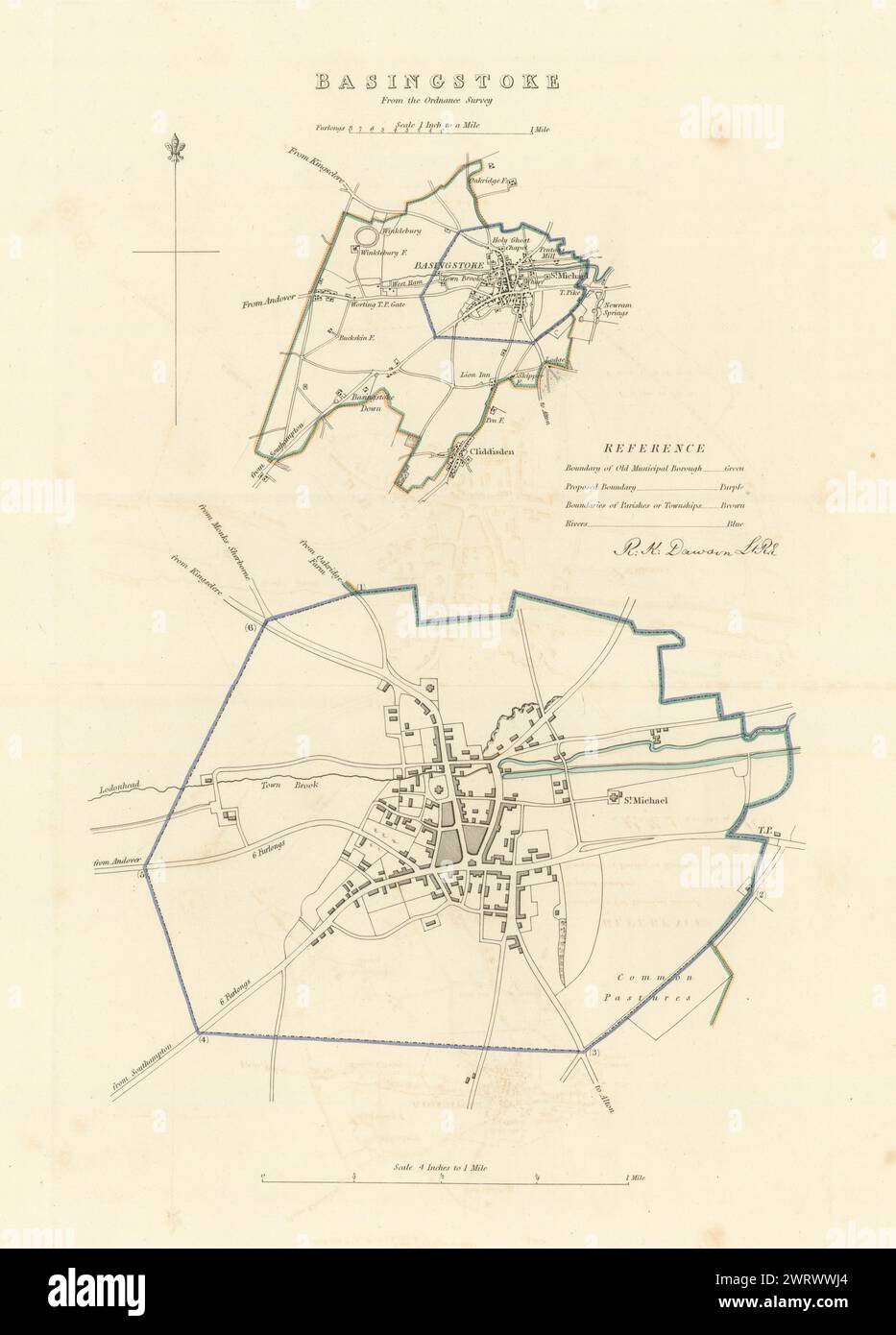 BASINGSTOKE Gemeinde/Stadt planen. Grenzkommission. Hampshire. DAWSON 1837 Karte Stockfoto
