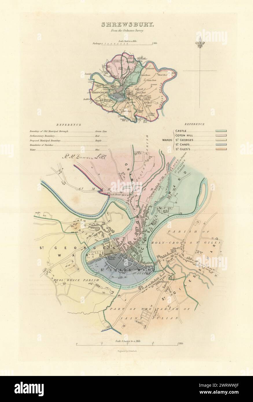 SHREWSBURY Gemeinde/Stadt planen. Grenzkommission. Shropshire. DAWSON 1837 Karte Stockfoto