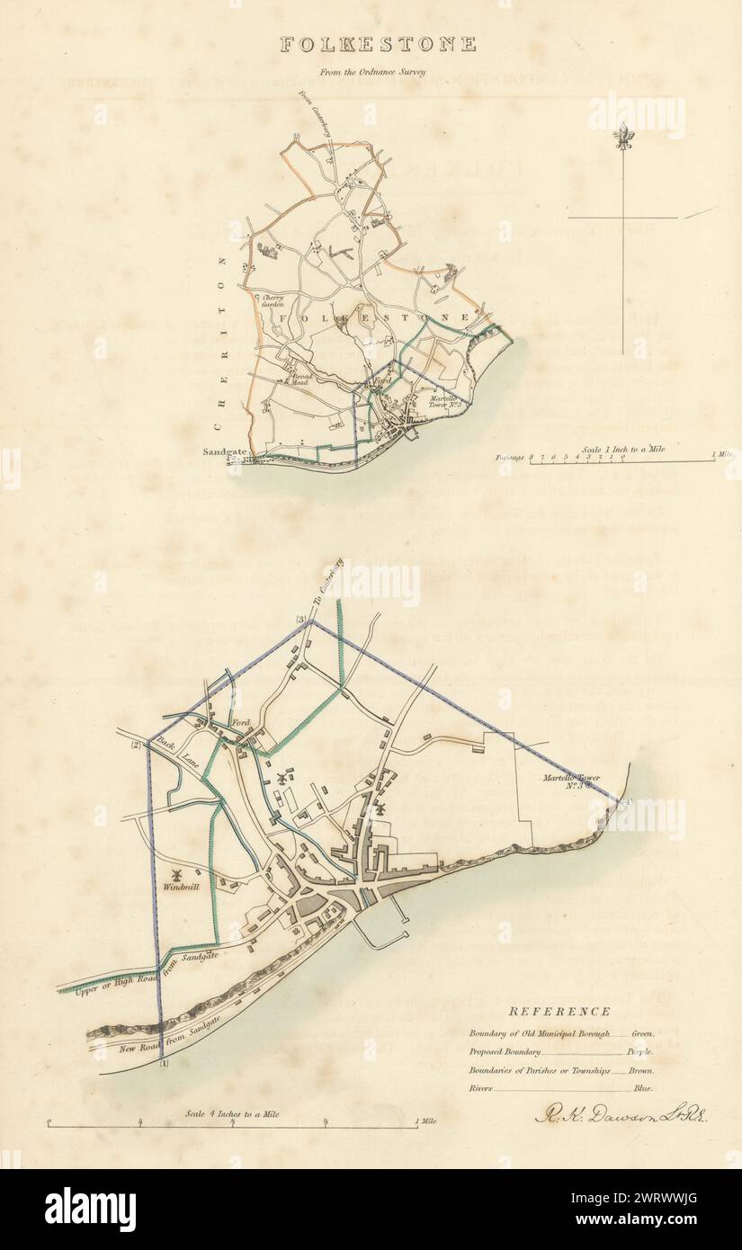FOLKESTONE Gemeinde/Stadt/Stadt zu planen. Grenzkommission. Kent. DAWSON 1837 Karte Stockfoto