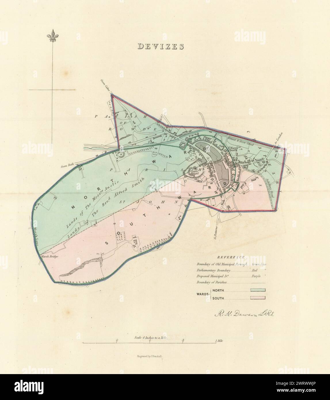 DEVIZES Gemeinde/Stadt planen. Grenzkommission. Wiltshire. DAWSON 1837 alte Karte Stockfoto