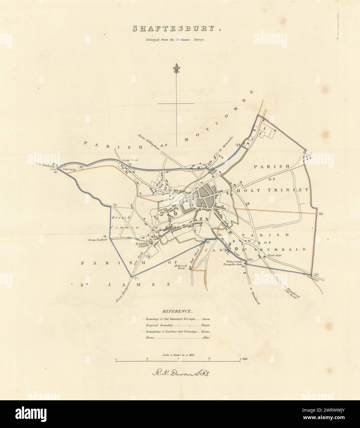 SHAFTESBURY Gemeinde/Stadt planen. Grenzkommission. Dorset. DAWSON 1837 Karte Stockfoto