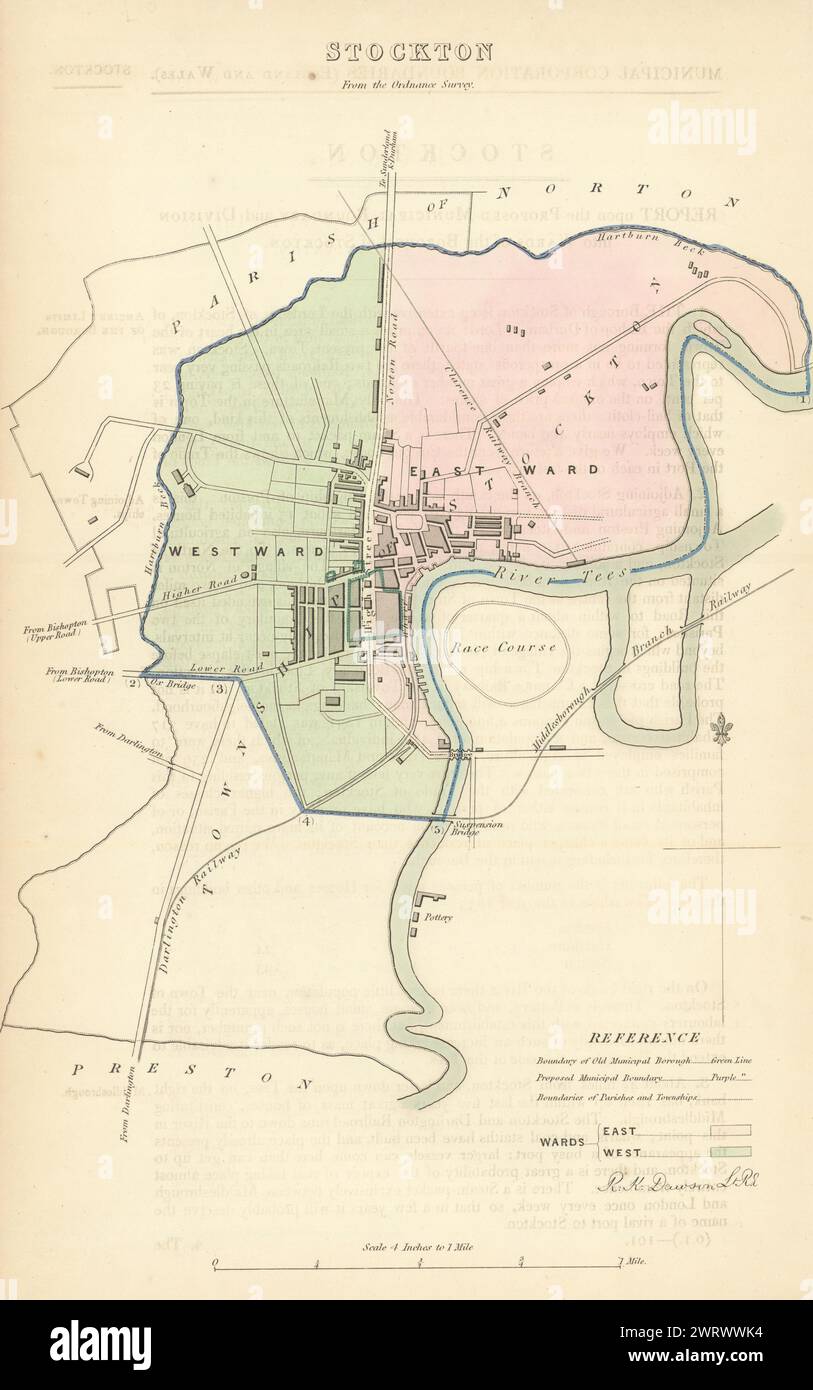 STOCKTON Borough/Stadt planen. Grenzkommission. Durham. DAWSON 1837 alte Karte Stockfoto