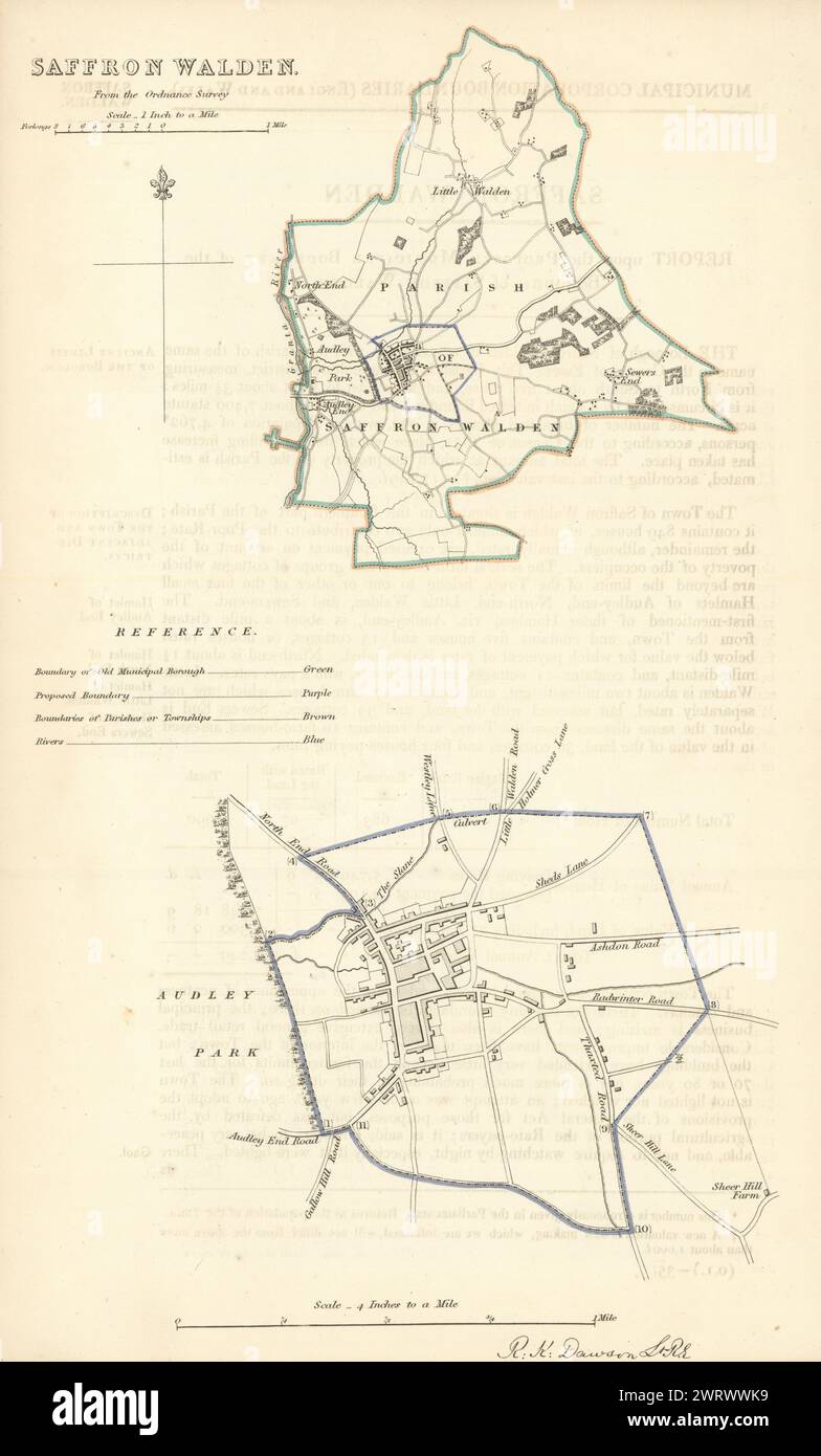 SAFFRON WALDEN Gemeinde/Stadt planen. Grenzkommission. Essex. DAWSON 1837 Karte Stockfoto
