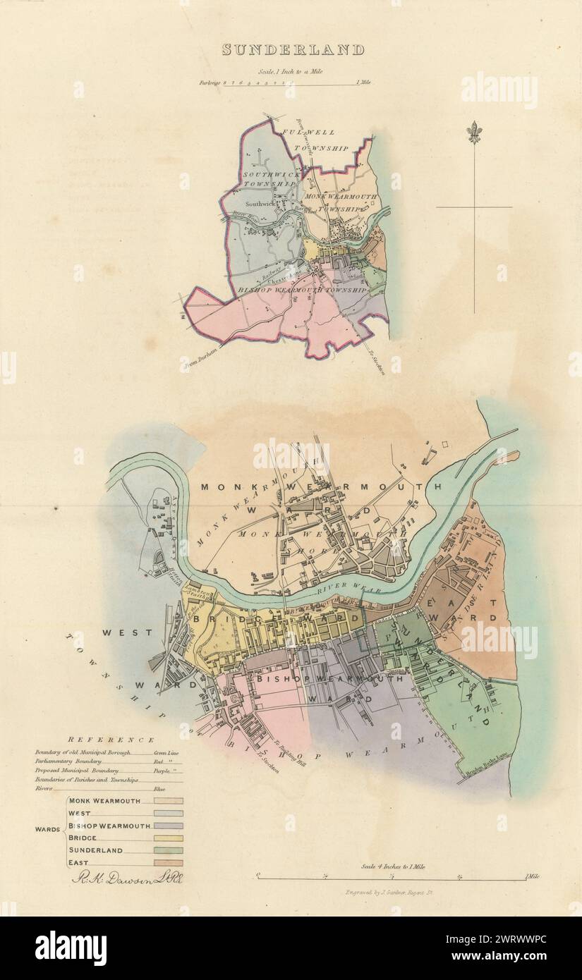 SUNDERLAND Gemeinde/Stadt/Stadt zu planen. Grenzkommission. Durham. DAWSON 1837 Karte Stockfoto