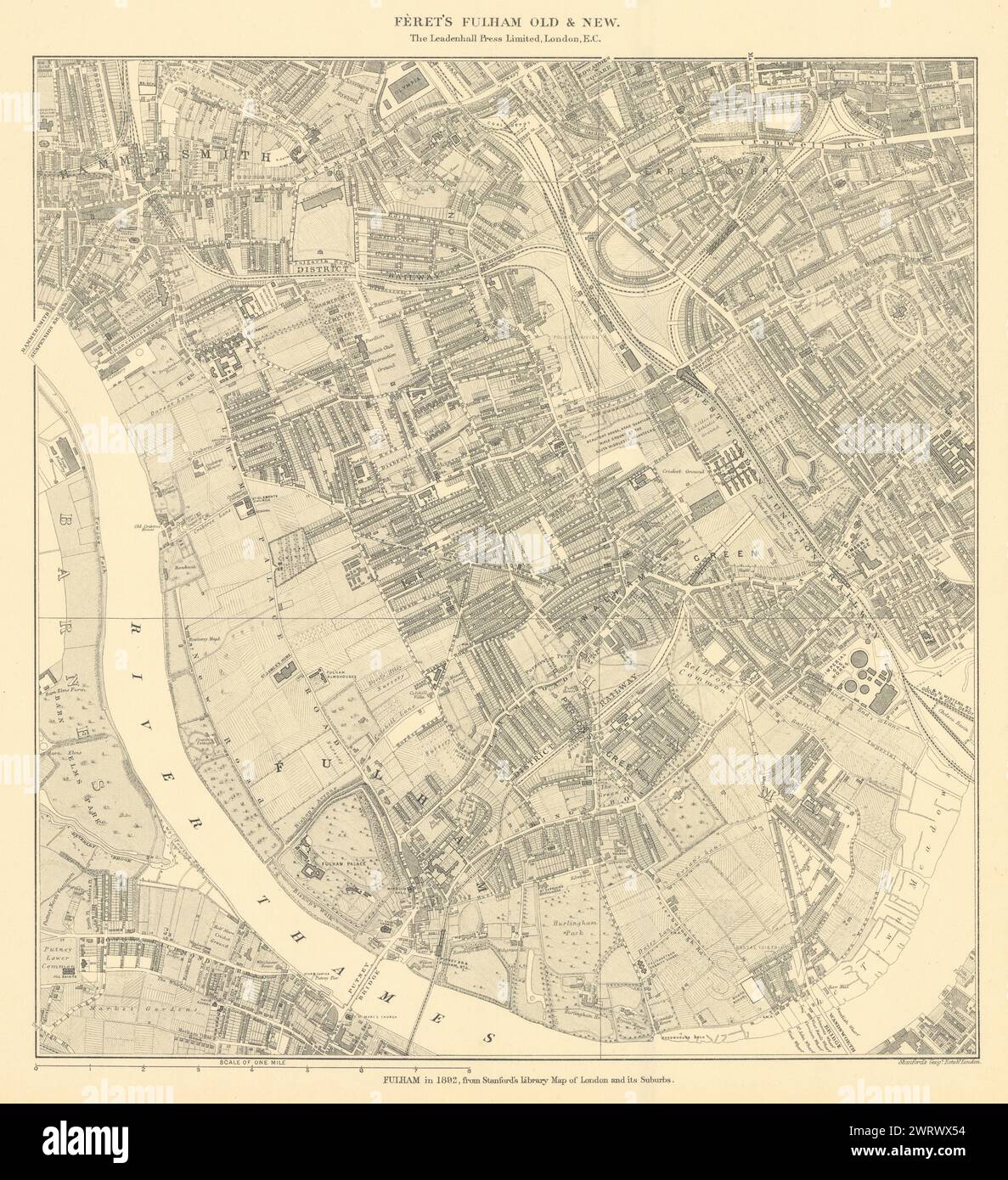Karte von Fulham im Jahr 1892, aus Stanford's Library Map of London & Vororte. 1900 Stockfoto