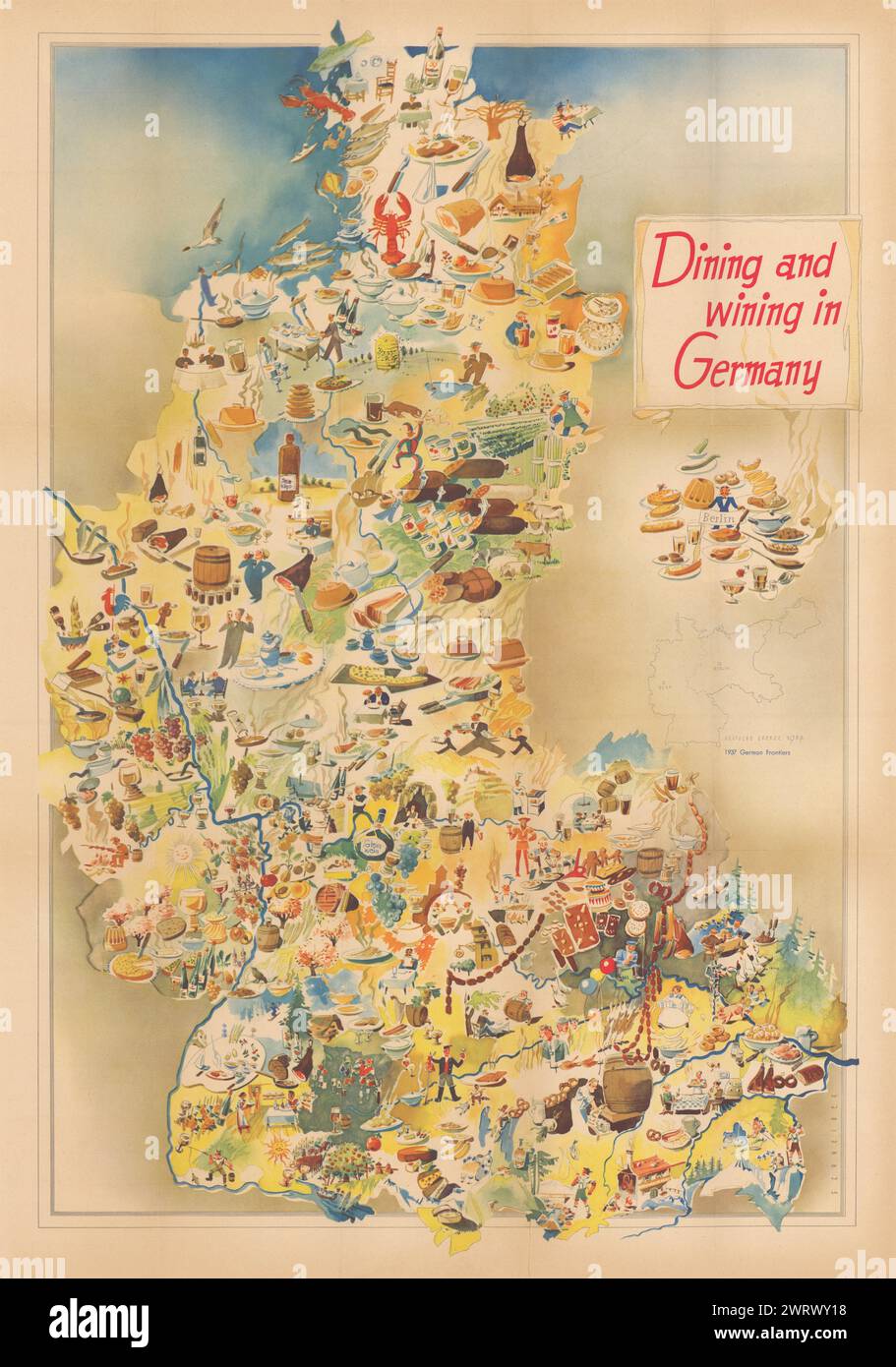 Essen & Trinken in Deutschland. Gastronomische touristische Bildplakat Karte 1953 Stockfoto