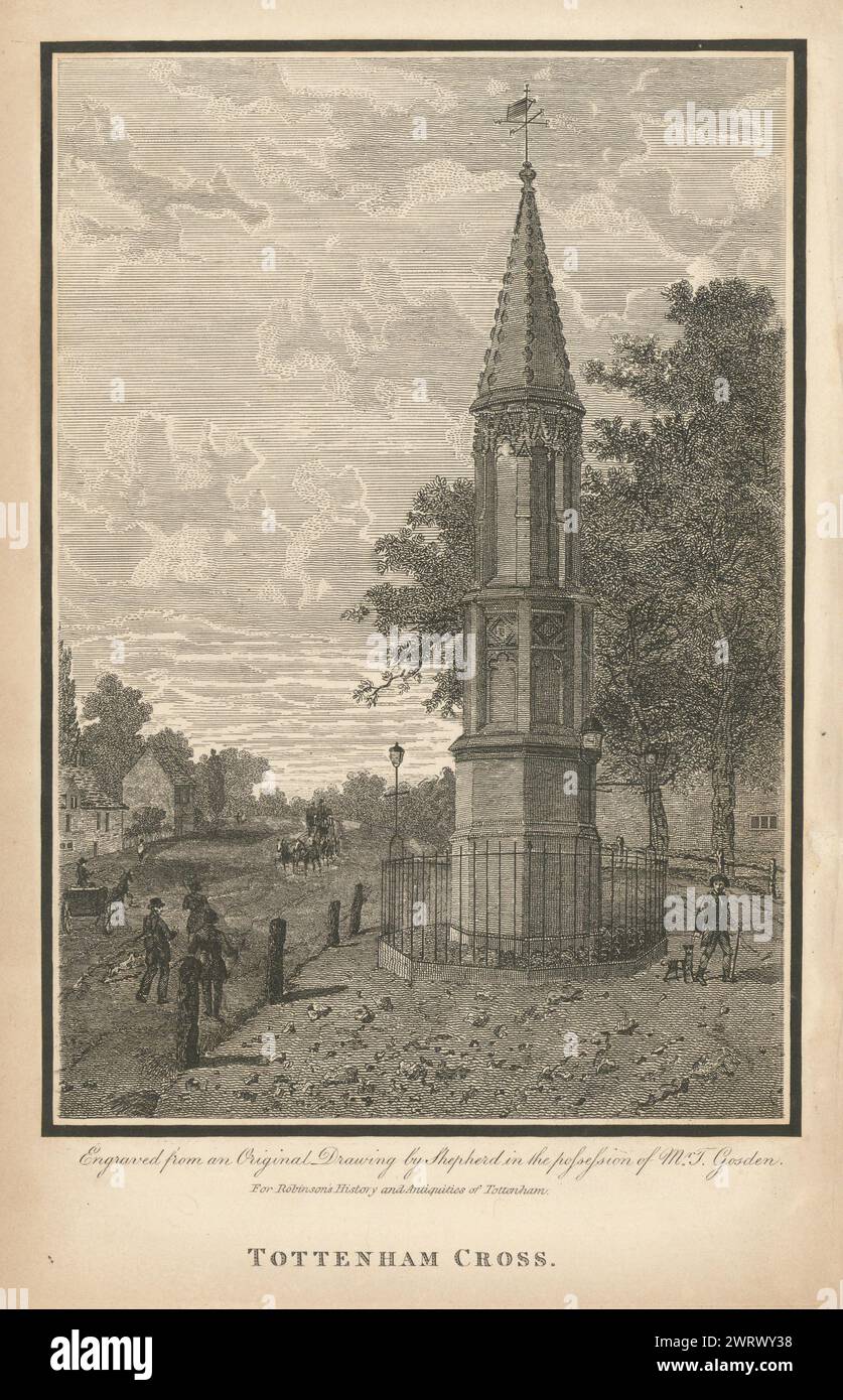 Tottenham High Cross, London 1840 altes altes altes Vintage-Druckbild Stockfoto