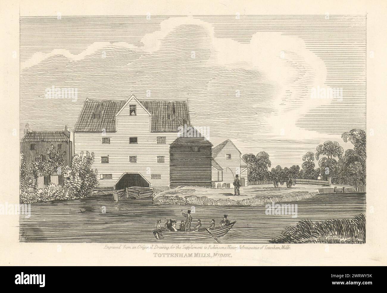 Tottenham Mills, Ferry Lane, Tottenham Hale, London 1840 alte antike Drucke Stockfoto