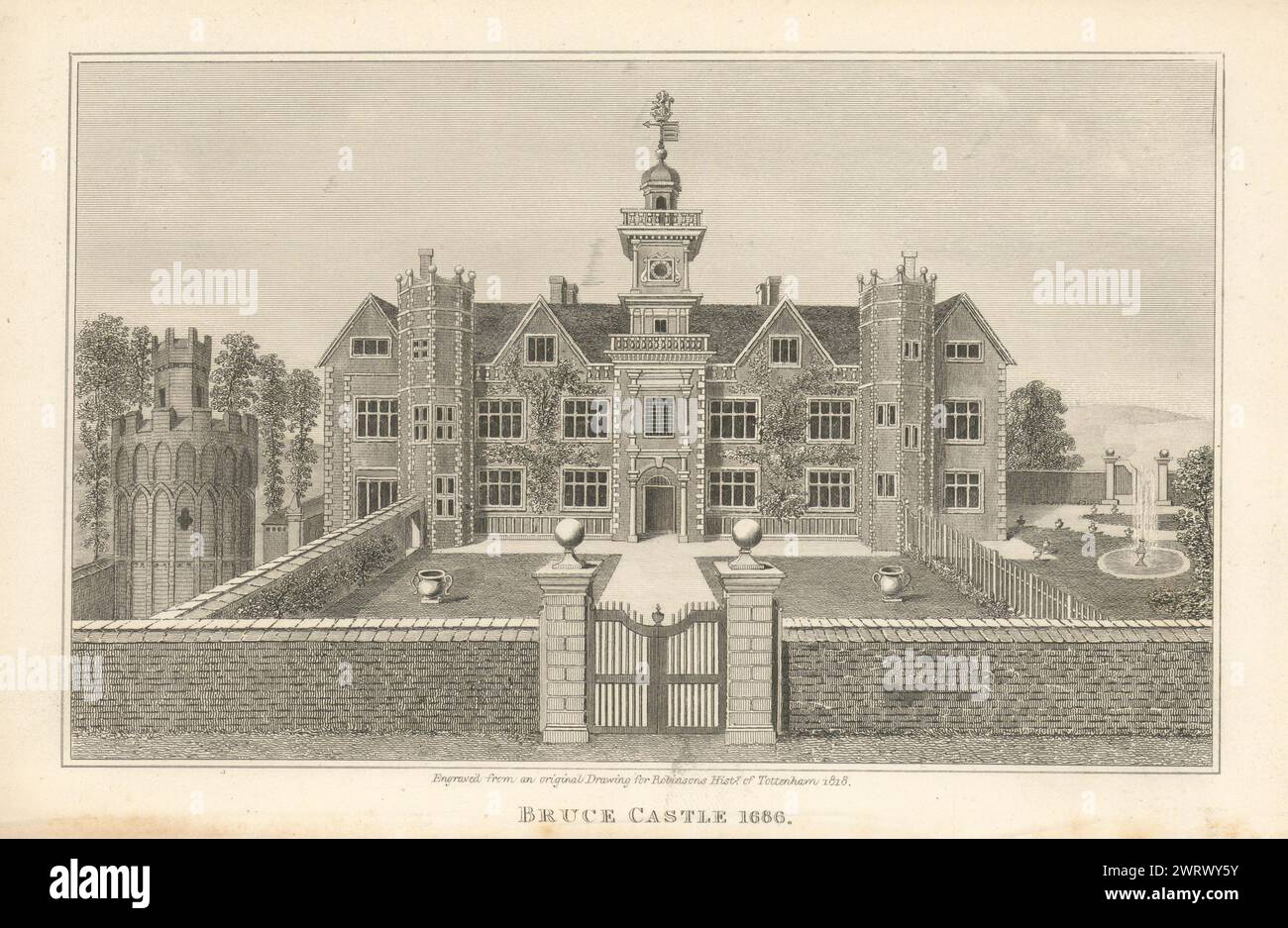 Bruce Castle, Tottenham, 1686. 1840 alte alte alte Vintage-Druckbilder Stockfoto