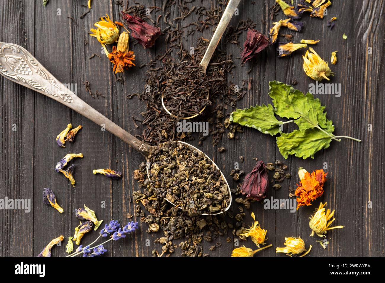 Zusammensetzung von trockenem schwarzem und grünem Tee in klassischen Löffeln und trockenem Hibiskus, Kalendula, Lavendelblumen auf dunklem Holzhintergrund, Nahaufnahme von oben. Stockfoto