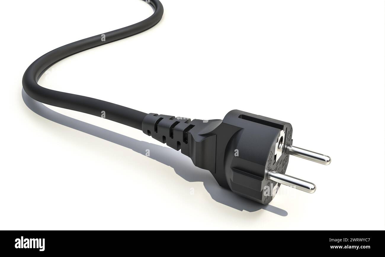 Isoliertes 3D-Rendering eines schwarzen Steckers mit flexiblem Kabel auf weißem Hintergrund Stockfoto