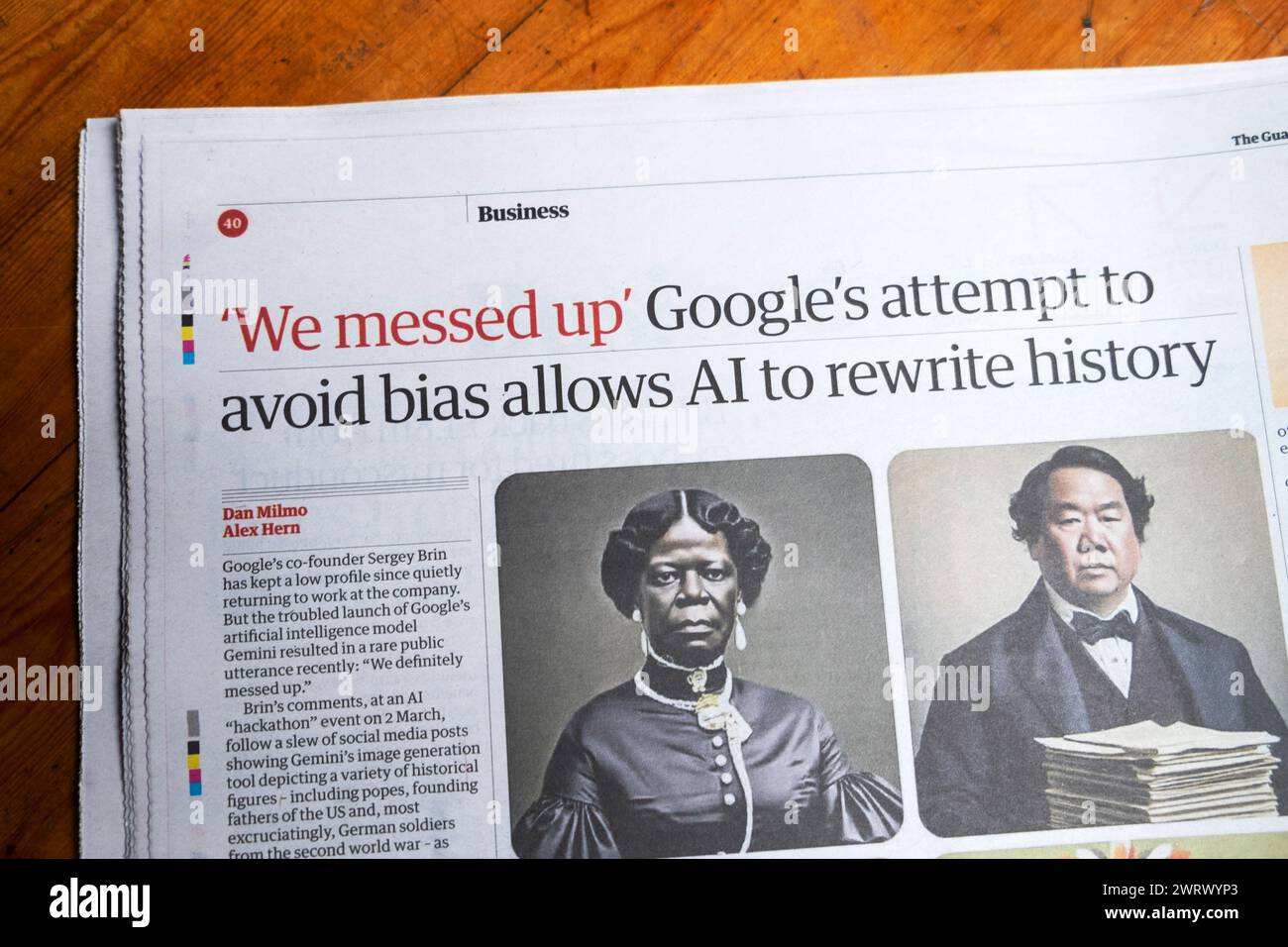 „WE Mordup“ Googles Versuch, Vorurteile zu vermeiden, erlaubt KI, Geschichte neu zu schreiben“ Guardian-Zeitung Schlagzeile Business-artikel 9 März 2024 London Großbritannien Stockfoto