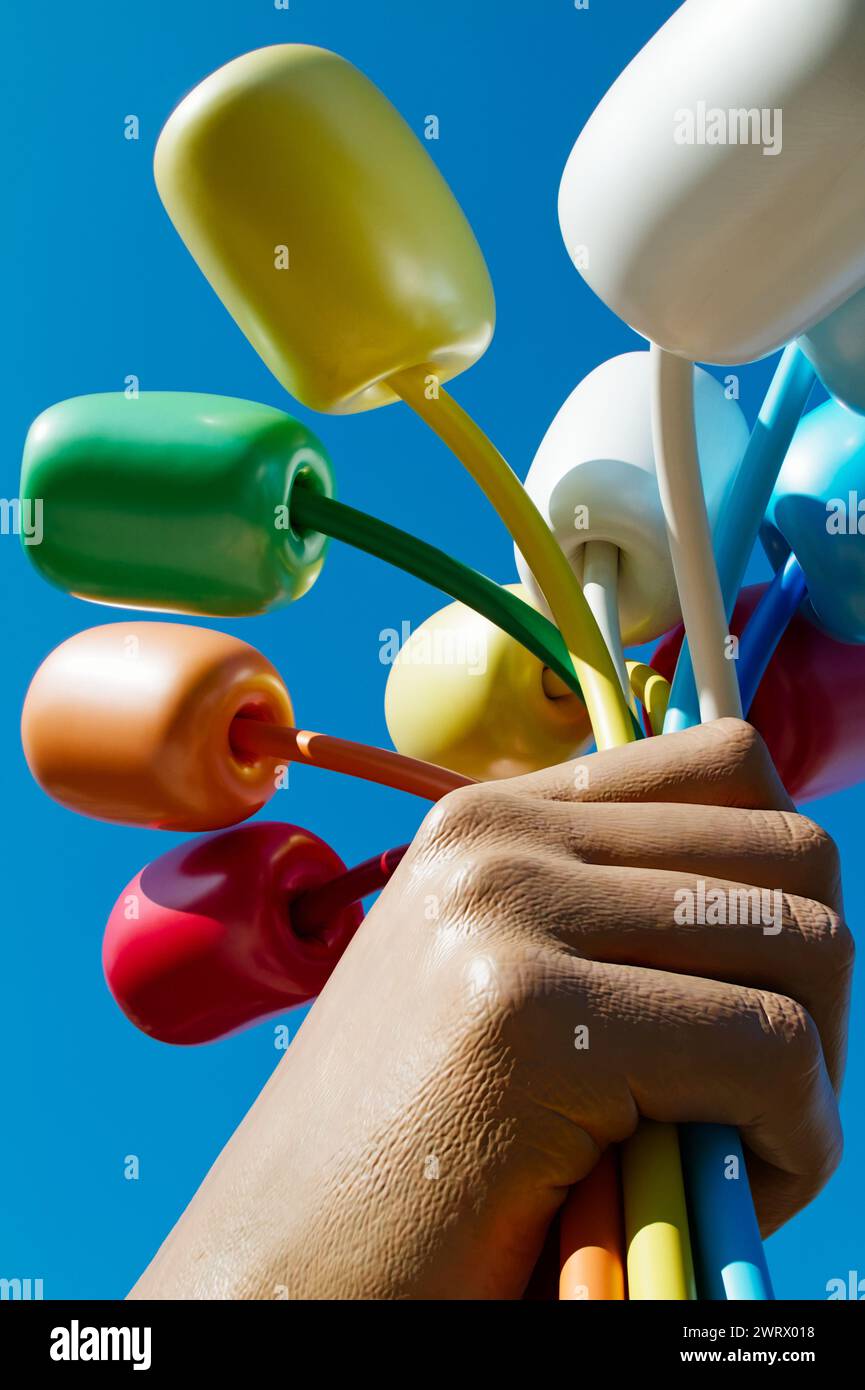 Blick auf das Detail des Tulpenstraußes, Eine Metallskulptur des Künstlers Jeff Koons im Petit Palais Garden, Paris Frankreich Stockfoto