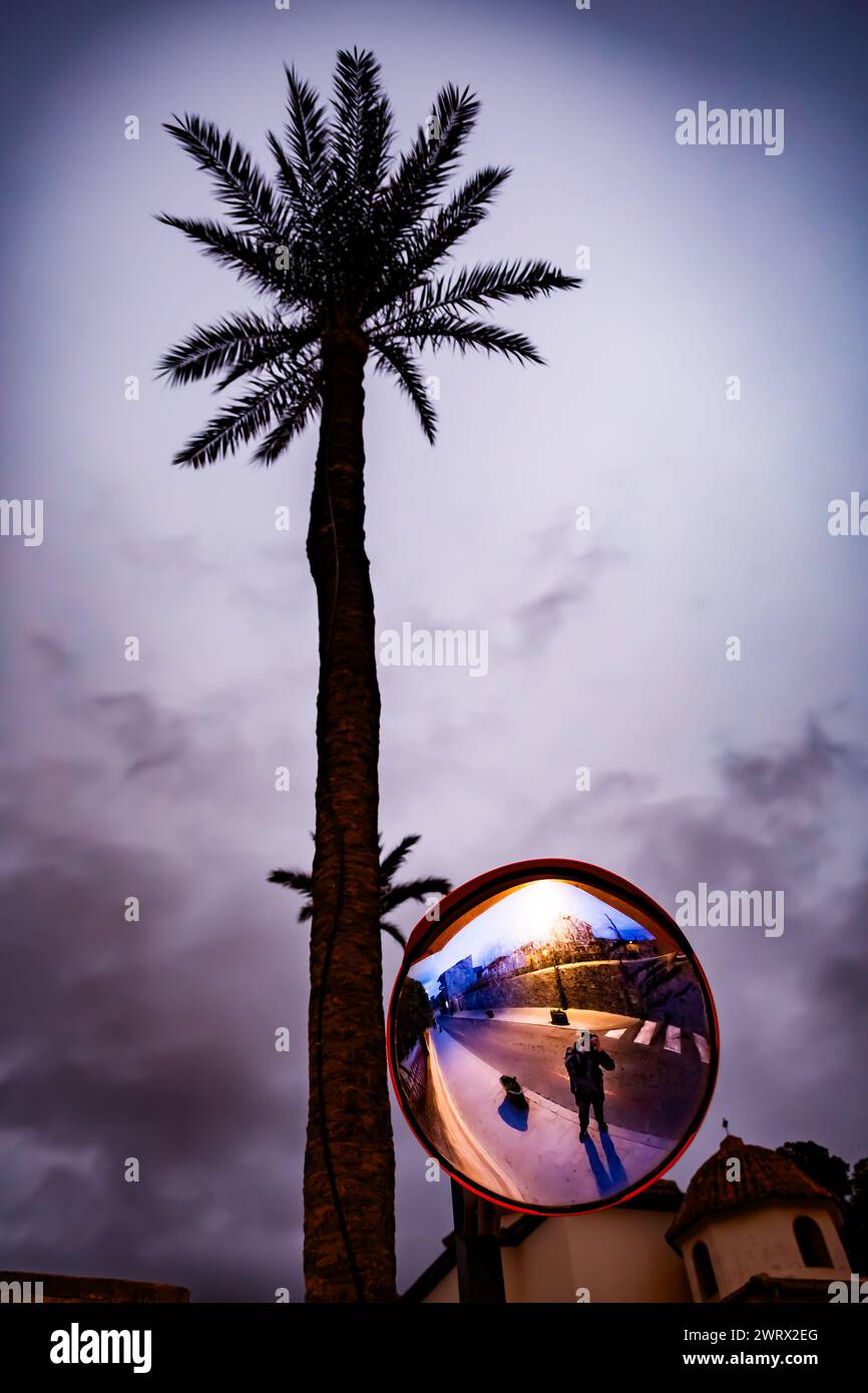 Verkehrsspiegel neben Palmen in der Altstadt von Orihuela Stockfoto