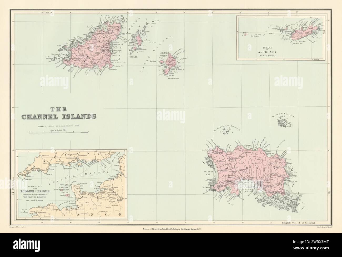Kanalinseln. Guernsey Jersey Alderney Sark Herm Schatullen. STANFORD 1896 Karte Stockfoto