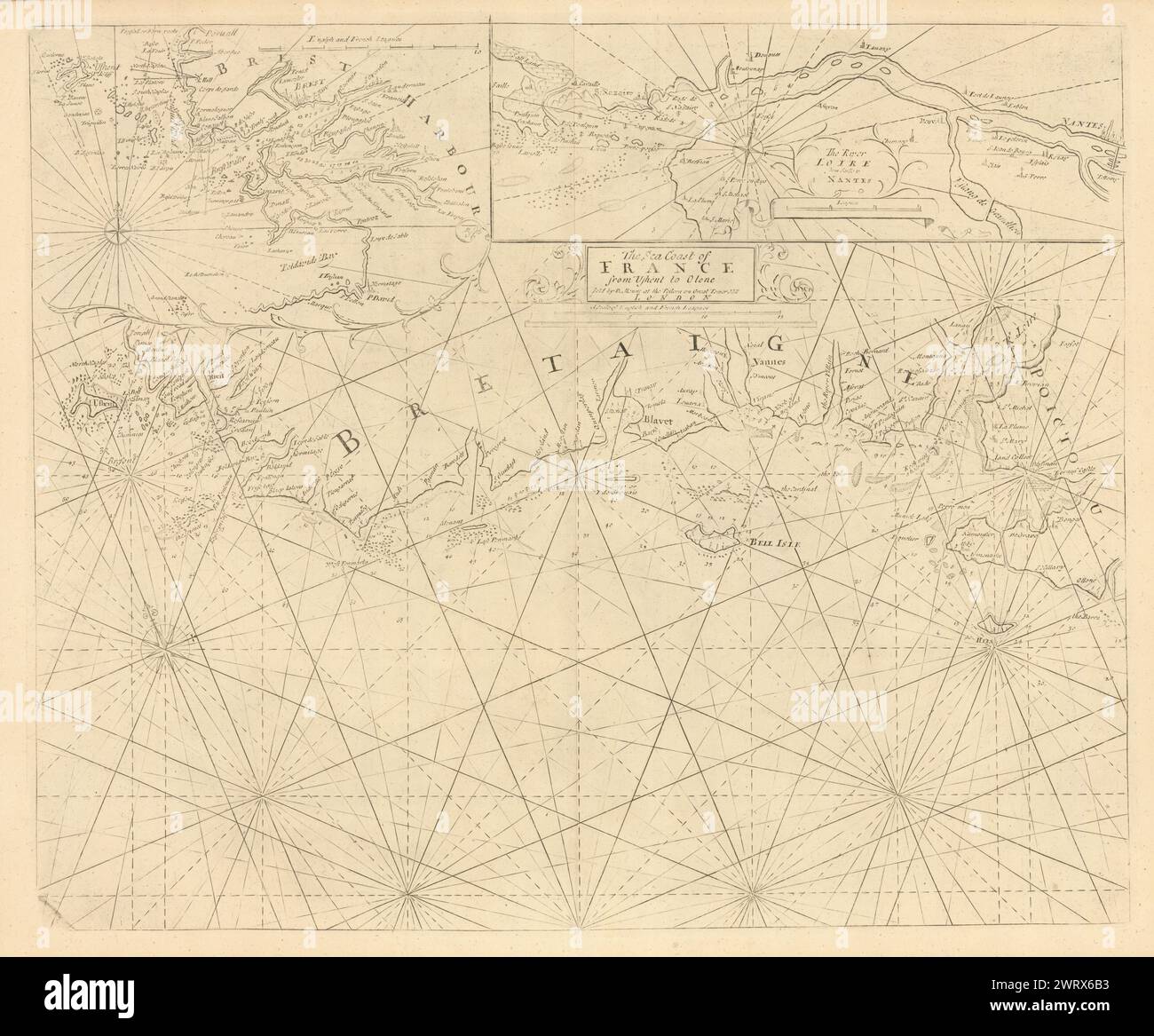 Die französische Meeresküste von Ushent nach Olone [Olonne]. Karte AUF & SEITE 1758 EINHÄNGEN Stockfoto