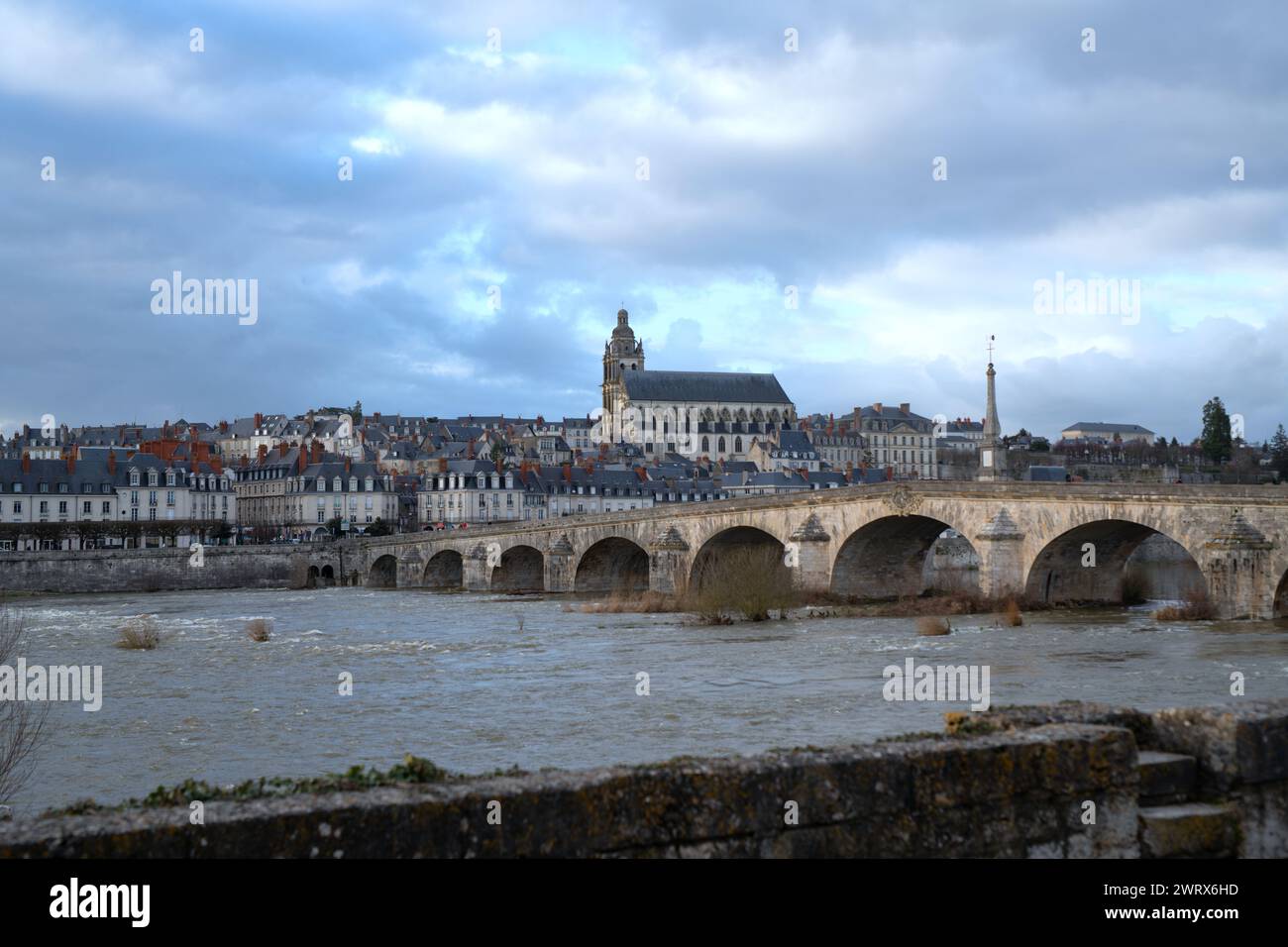 Blick auf Blois mit Brücke auf die Loire Stockfoto