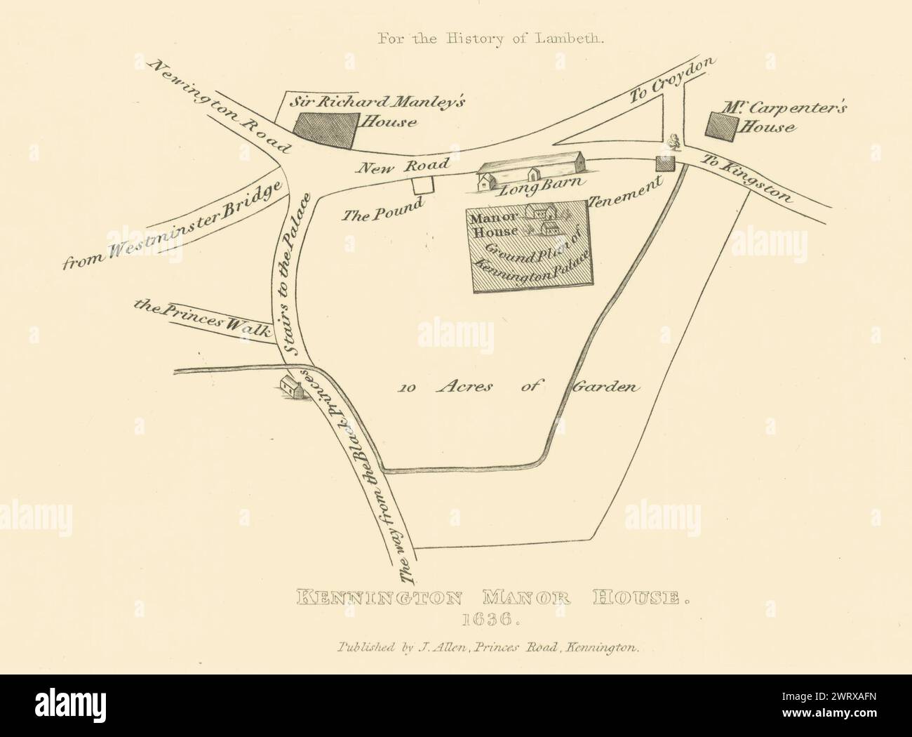 Kennington Manor House 1636. Lange Scheune. Der Palast des Schwarzen Prinzen 1827 alte Karte Stockfoto