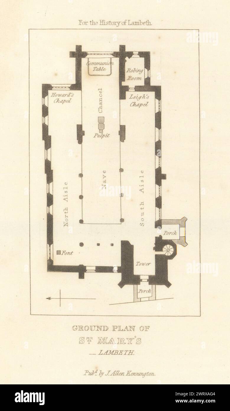 Grundriss der St.. Mary-at-Lambeth Kirche 1827 alte antike Karte