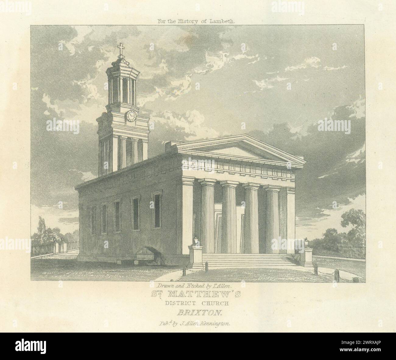 St. Matthew's District Church, Brixton 1827 altes altes altes Vintage-Druckbild Stockfoto