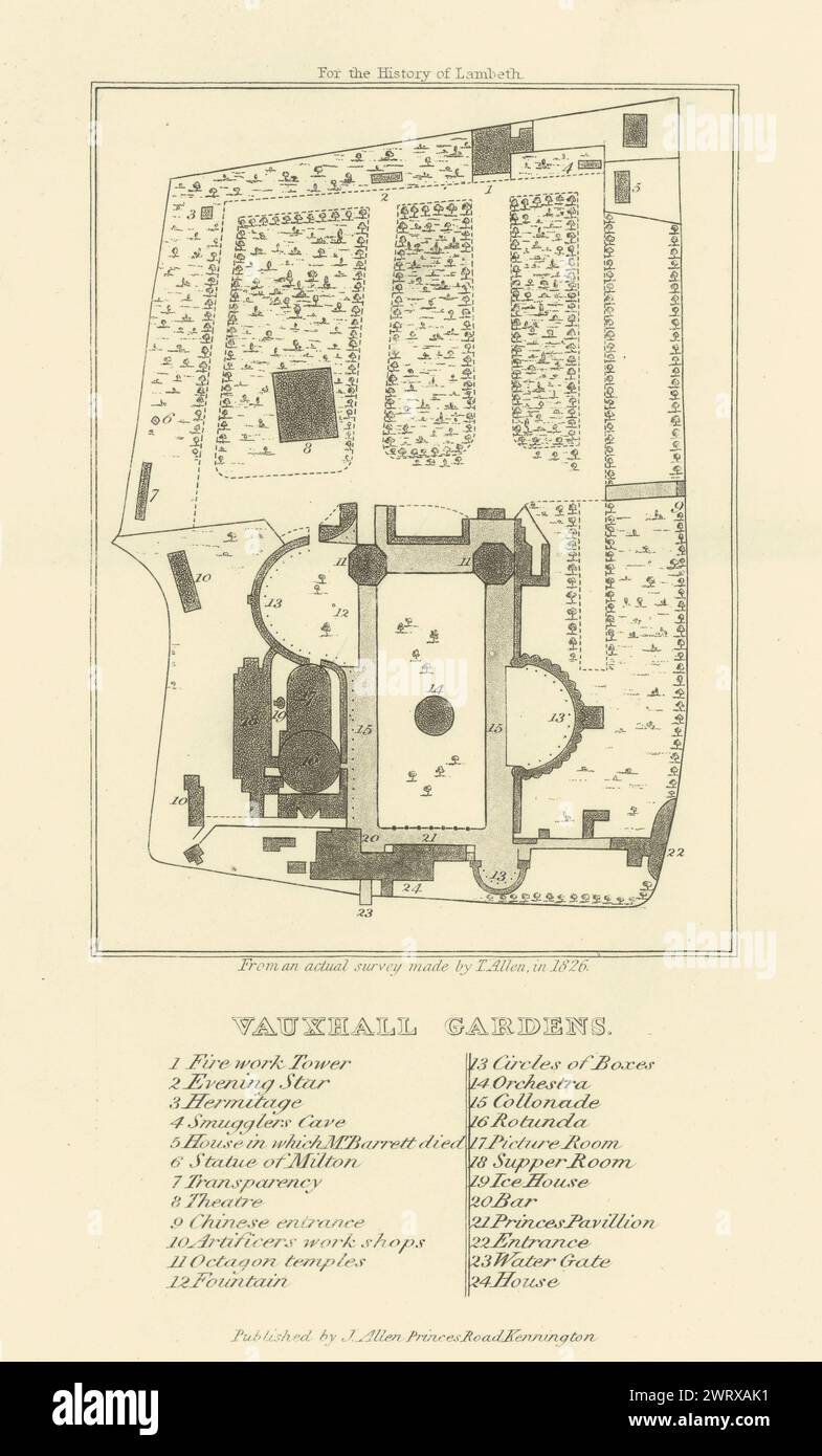 Plan der Vauxhall Pleasure Gardens, Lambeth 1827 alte antike Karte Stockfoto